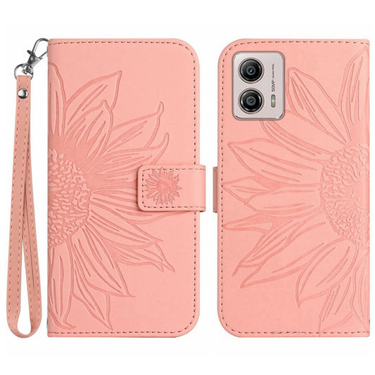 Shockproof Leather Phone Case Stand For Motorola Moto G53 5G, HT04 Sunflower Imprinted Anti-scratch Phone Flip Wallet Cover - Light Pink