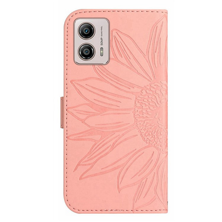 Shockproof Leather Phone Case Stand For Motorola Moto G53 5G, HT04 Sunflower Imprinted Anti-scratch Phone Flip Wallet Cover - Light Pink
