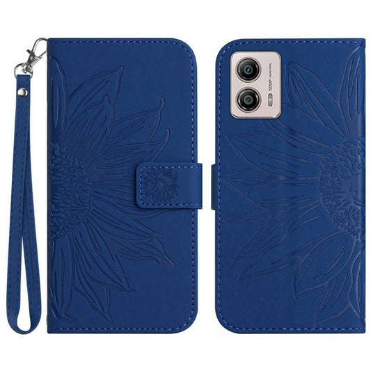 Shockproof Leather Phone Case Stand For Motorola Moto G53 5G, HT04 Sunflower Imprinted Anti-scratch Phone Flip Wallet Cover - Sapphire