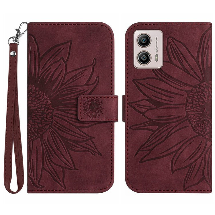 Shockproof Leather Phone Case Stand For Motorola Moto G53 5G, HT04 Sunflower Imprinted Anti-scratch Phone Flip Wallet Cover - Wine Red