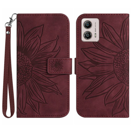 Shockproof Leather Phone Case Stand For Motorola Moto G53 5G, HT04 Sunflower Imprinted Anti-scratch Phone Flip Wallet Cover - Wine Red
