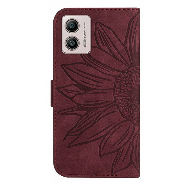 Shockproof Leather Phone Case Stand For Motorola Moto G53 5G, HT04 Sunflower Imprinted Anti-scratch Phone Flip Wallet Cover - Wine Red