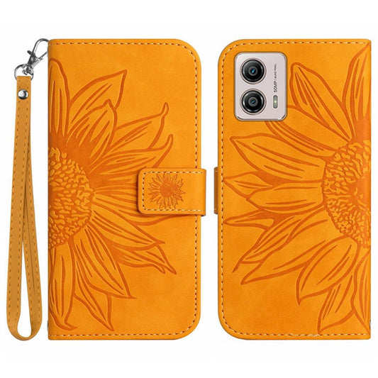 Shockproof Leather Phone Case Stand For Motorola Moto G53 5G, HT04 Sunflower Imprinted Anti-scratch Phone Flip Wallet Cover - Yellow