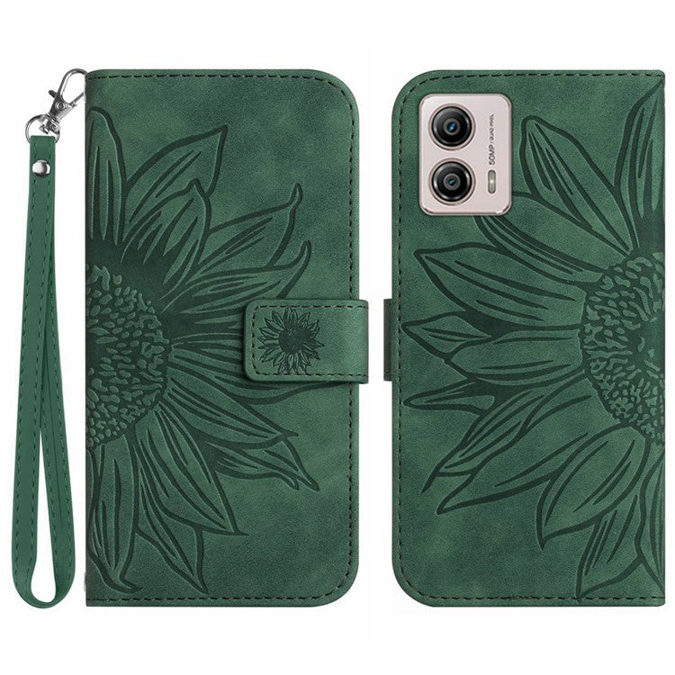 Shockproof Leather Phone Case Stand For Motorola Moto G53 5G, HT04 Sunflower Imprinted Anti-scratch Phone Flip Wallet Cover - Dark Green