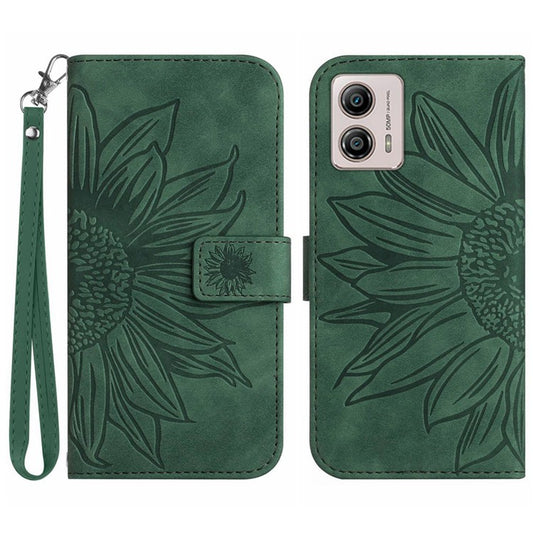 Shockproof Leather Phone Case Stand For Motorola Moto G53 5G, HT04 Sunflower Imprinted Anti-scratch Phone Flip Wallet Cover - Dark Green