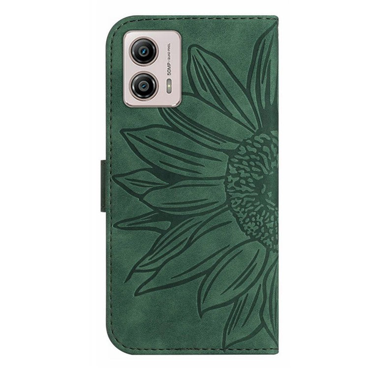Shockproof Leather Phone Case Stand For Motorola Moto G53 5G, HT04 Sunflower Imprinted Anti-scratch Phone Flip Wallet Cover - Dark Green