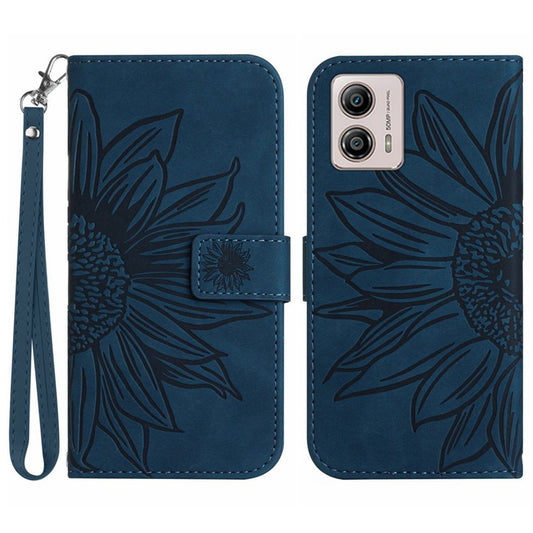 Shockproof Leather Phone Case Stand For Motorola Moto G53 5G, HT04 Sunflower Imprinted Anti-scratch Phone Flip Wallet Cover - Dark Blue