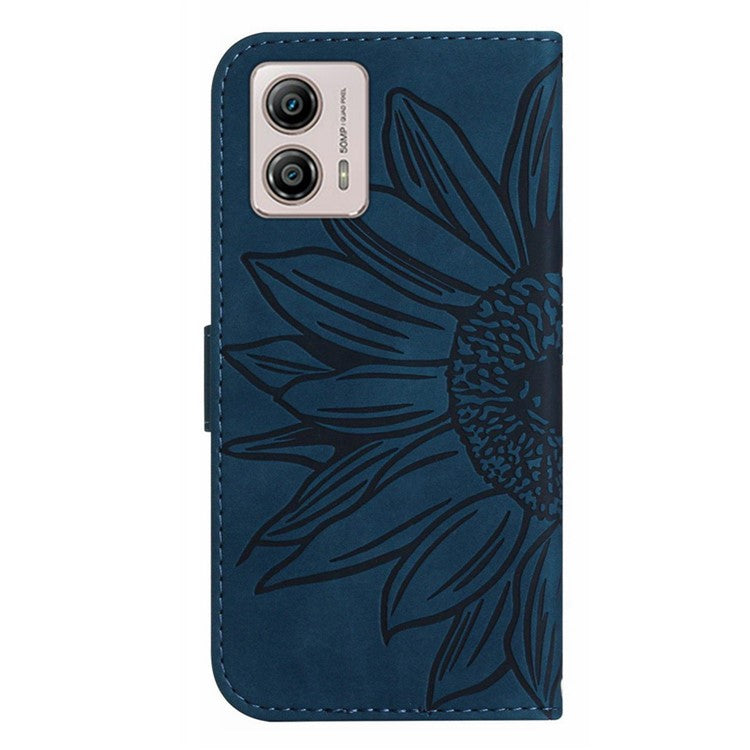 Shockproof Leather Phone Case Stand For Motorola Moto G53 5G, HT04 Sunflower Imprinted Anti-scratch Phone Flip Wallet Cover - Dark Blue