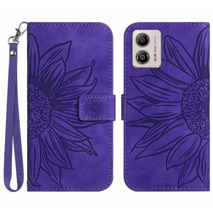 Shockproof Leather Phone Case Stand For Motorola Moto G53 5G, HT04 Sunflower Imprinted Anti-scratch Phone Flip Wallet Cover - Dark Purple