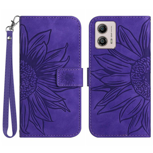 Shockproof Leather Phone Case Stand For Motorola Moto G53 5G, HT04 Sunflower Imprinted Anti-scratch Phone Flip Wallet Cover - Dark Purple