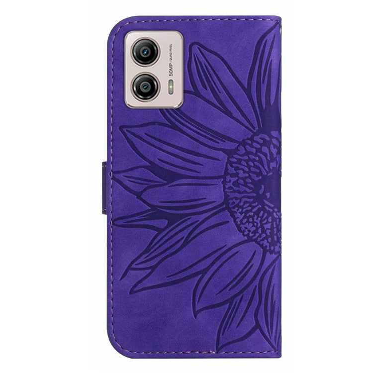 Shockproof Leather Phone Case Stand For Motorola Moto G53 5G, HT04 Sunflower Imprinted Anti-scratch Phone Flip Wallet Cover - Dark Purple