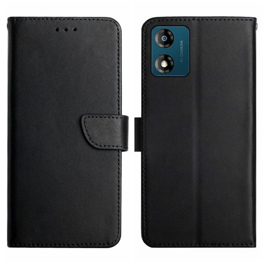 HT02 For Motorola Moto E13 4G Anti-Fingerprint Phone Shell Genuine Leather Nappa Texture Wallet Stand Phone Case Cover - Black