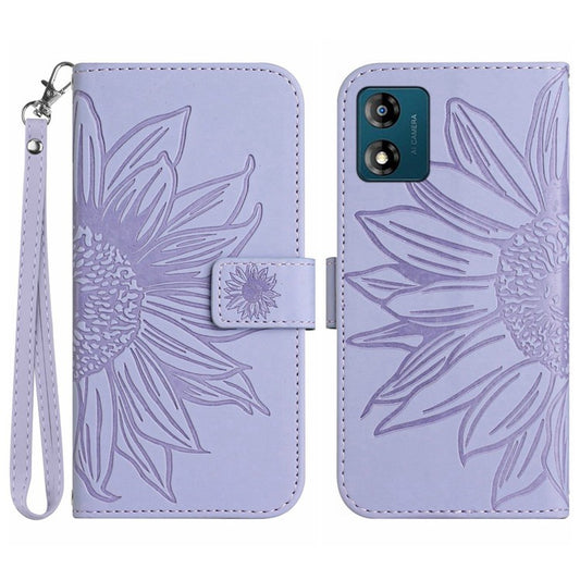 Skin-friendly Phone Case For Motorola Moto E13 4G, HT04 Sunflower Imprinted Stand Leather Anti-drop Phone Cover with Hand Strap - Light Purple