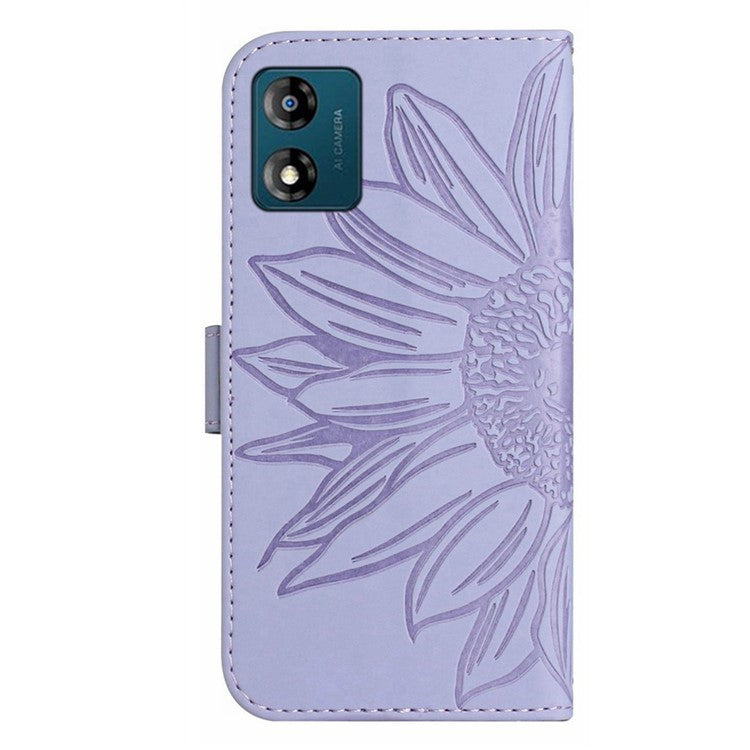 Skin-friendly Phone Case For Motorola Moto E13 4G, HT04 Sunflower Imprinted Stand Leather Anti-drop Phone Cover with Hand Strap - Light Purple