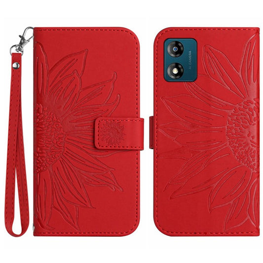 Skin-friendly Phone Case For Motorola Moto E13 4G, HT04 Sunflower Imprinted Stand Leather Anti-drop Phone Cover with Hand Strap - Red