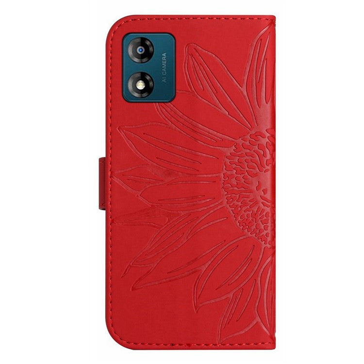 Skin-friendly Phone Case For Motorola Moto E13 4G, HT04 Sunflower Imprinted Stand Leather Anti-drop Phone Cover with Hand Strap - Red