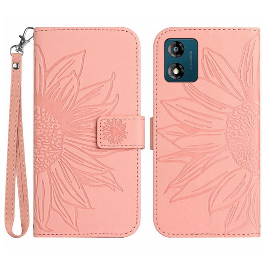 Skin-friendly Phone Case For Motorola Moto E13 4G, HT04 Sunflower Imprinted Stand Leather Anti-drop Phone Cover with Hand Strap - Light Pink