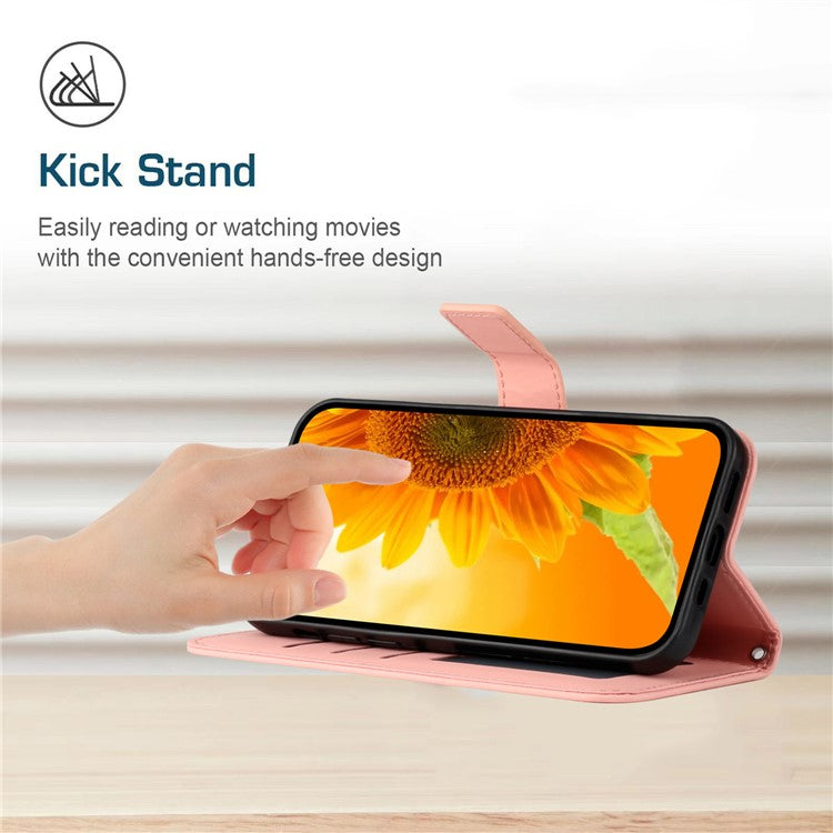 Skin-friendly Phone Case For Motorola Moto E13 4G, HT04 Sunflower Imprinted Stand Leather Anti-drop Phone Cover with Hand Strap - Light Pink