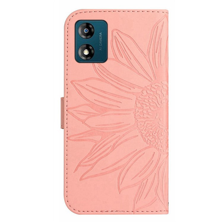 Skin-friendly Phone Case For Motorola Moto E13 4G, HT04 Sunflower Imprinted Stand Leather Anti-drop Phone Cover with Hand Strap - Light Pink