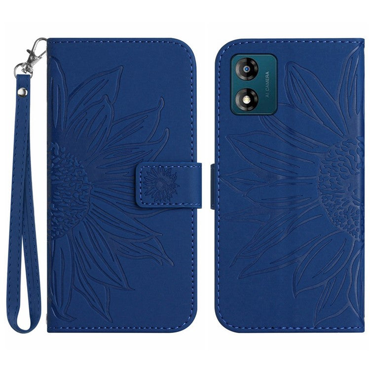 Skin-friendly Phone Case For Motorola Moto E13 4G, HT04 Sunflower Imprinted Stand Leather Anti-drop Phone Cover with Hand Strap - Sapphire