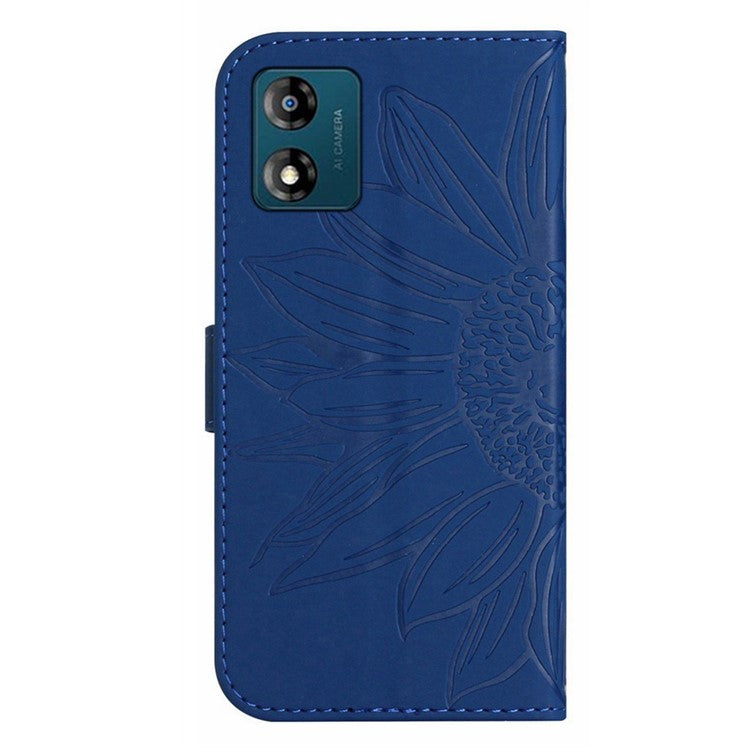 Skin-friendly Phone Case For Motorola Moto E13 4G, HT04 Sunflower Imprinted Stand Leather Anti-drop Phone Cover with Hand Strap - Sapphire