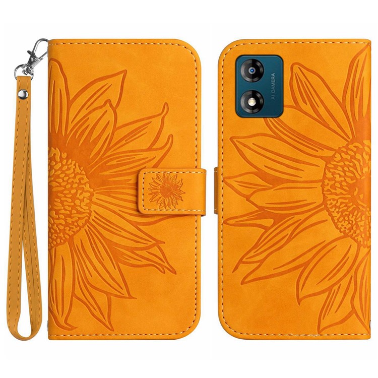 Skin-friendly Phone Case For Motorola Moto E13 4G, HT04 Sunflower Imprinted Stand Leather Anti-drop Phone Cover with Hand Strap - Yellow