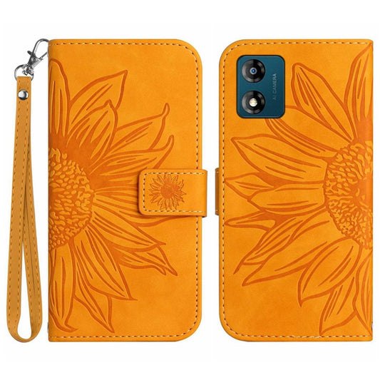 Skin-friendly Phone Case For Motorola Moto E13 4G, HT04 Sunflower Imprinted Stand Leather Anti-drop Phone Cover with Hand Strap - Yellow