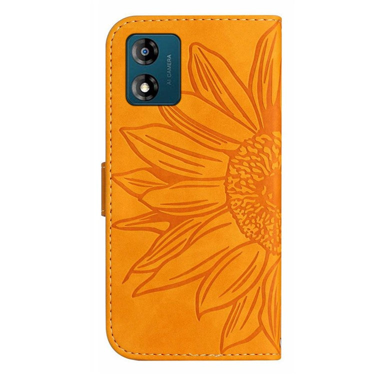 Skin-friendly Phone Case For Motorola Moto E13 4G, HT04 Sunflower Imprinted Stand Leather Anti-drop Phone Cover with Hand Strap - Yellow
