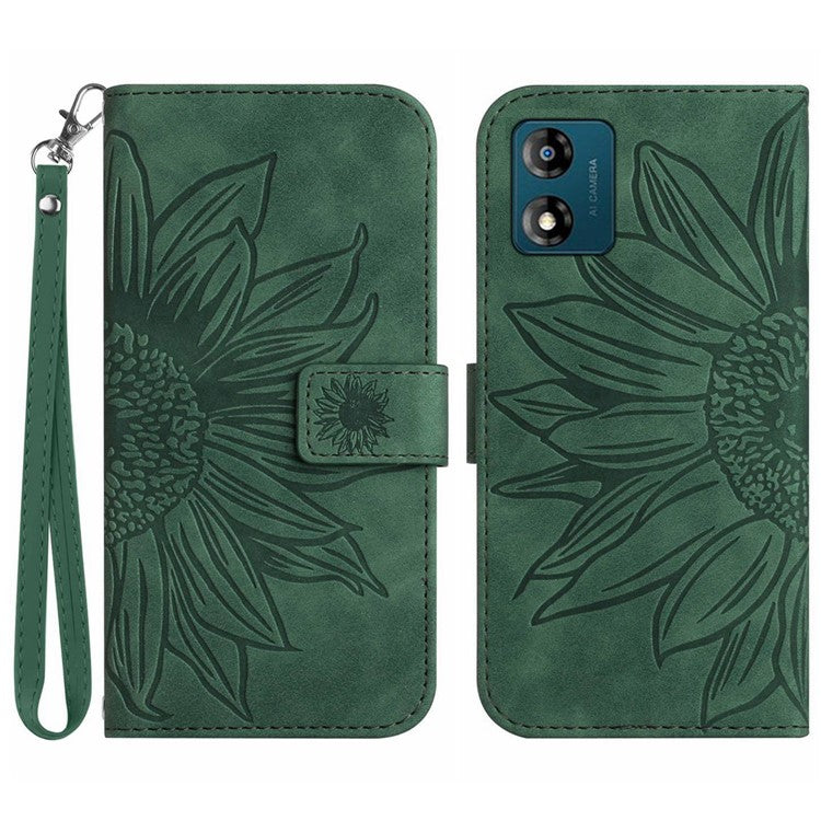 Skin-friendly Phone Case For Motorola Moto E13 4G, HT04 Sunflower Imprinted Stand Leather Anti-drop Phone Cover with Hand Strap - Dark Green