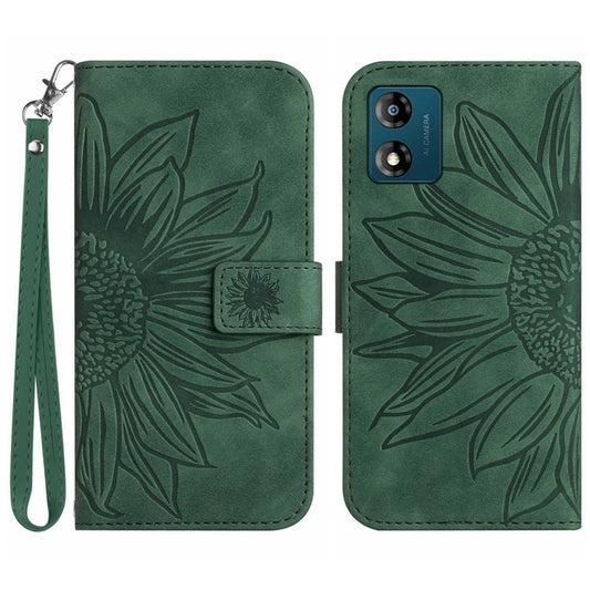 Skin-friendly Phone Case For Motorola Moto E13 4G, HT04 Sunflower Imprinted Stand Leather Anti-drop Phone Cover with Hand Strap - Dark Green