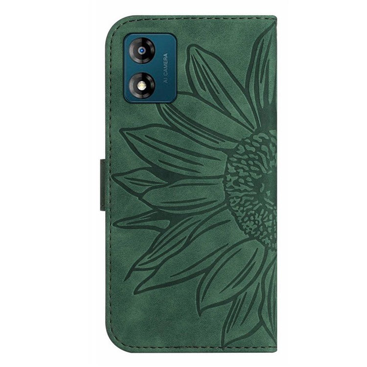 Skin-friendly Phone Case For Motorola Moto E13 4G, HT04 Sunflower Imprinted Stand Leather Anti-drop Phone Cover with Hand Strap - Dark Green