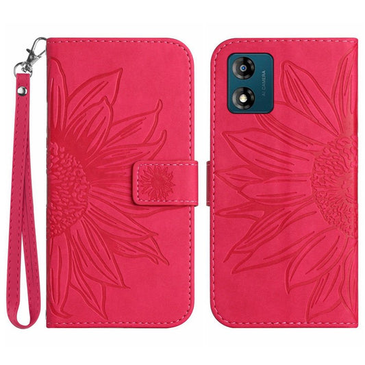 Skin-friendly Phone Case For Motorola Moto E13 4G, HT04 Sunflower Imprinted Stand Leather Anti-drop Phone Cover with Hand Strap - Rose