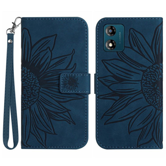 Skin-friendly Phone Case For Motorola Moto E13 4G, HT04 Sunflower Imprinted Stand Leather Anti-drop Phone Cover with Hand Strap - Dark Blue