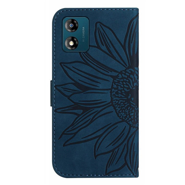 Skin-friendly Phone Case For Motorola Moto E13 4G, HT04 Sunflower Imprinted Stand Leather Anti-drop Phone Cover with Hand Strap - Dark Blue