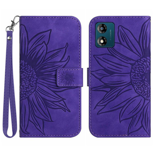 Skin-friendly Phone Case For Motorola Moto E13 4G, HT04 Sunflower Imprinted Stand Leather Anti-drop Phone Cover with Hand Strap - Dark Purple