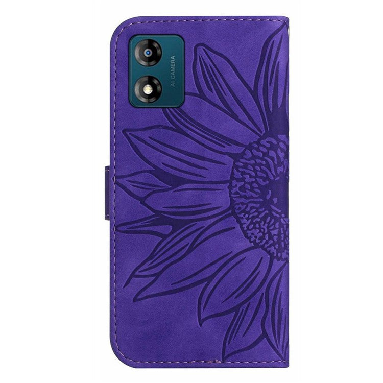 Skin-friendly Phone Case For Motorola Moto E13 4G, HT04 Sunflower Imprinted Stand Leather Anti-drop Phone Cover with Hand Strap - Dark Purple