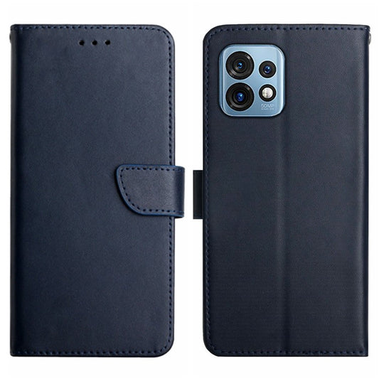 HT02 For Motorola Edge+ (2023) / Edge 40 Pro 5G / Moto X40 5G Genuine Leather Phone Case Nappa Texture Wallet Stand Cover - Blue