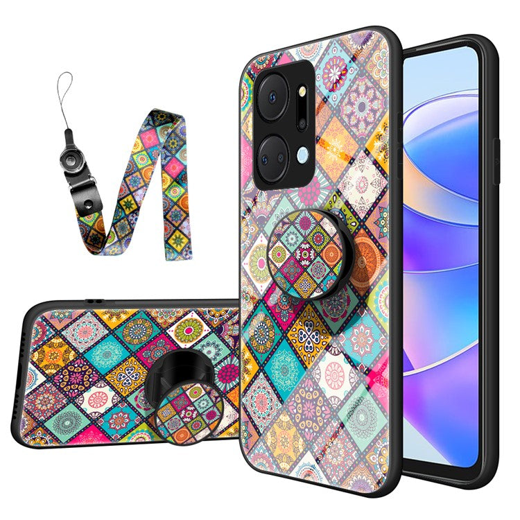Flower Pattern Phone Case for Honor X7a 5G, Kickstand PC+TPU+Tempered Glass Cell Phone Cover with Lanyard - Checkered Pattern