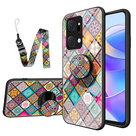 Flower Pattern Phone Case for Honor X7a 5G, Kickstand PC+TPU+Tempered Glass Cell Phone Cover with Lanyard - Checkered Pattern