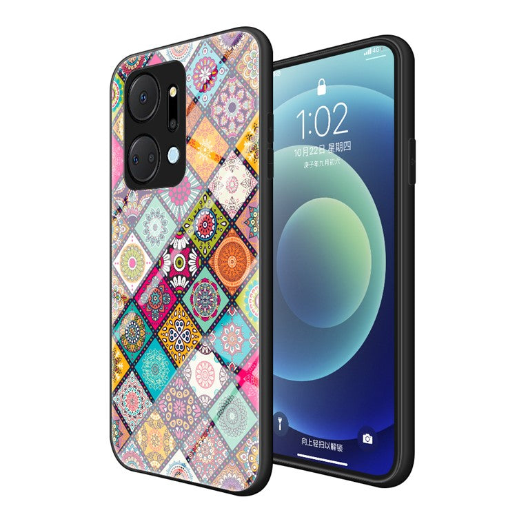 Flower Pattern Phone Case for Honor X7a 5G, Kickstand PC+TPU+Tempered Glass Cell Phone Cover with Lanyard - Checkered Pattern
