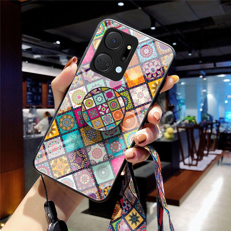 Flower Pattern Phone Case for Honor X7a 5G, Kickstand PC+TPU+Tempered Glass Cell Phone Cover with Lanyard - Checkered Pattern