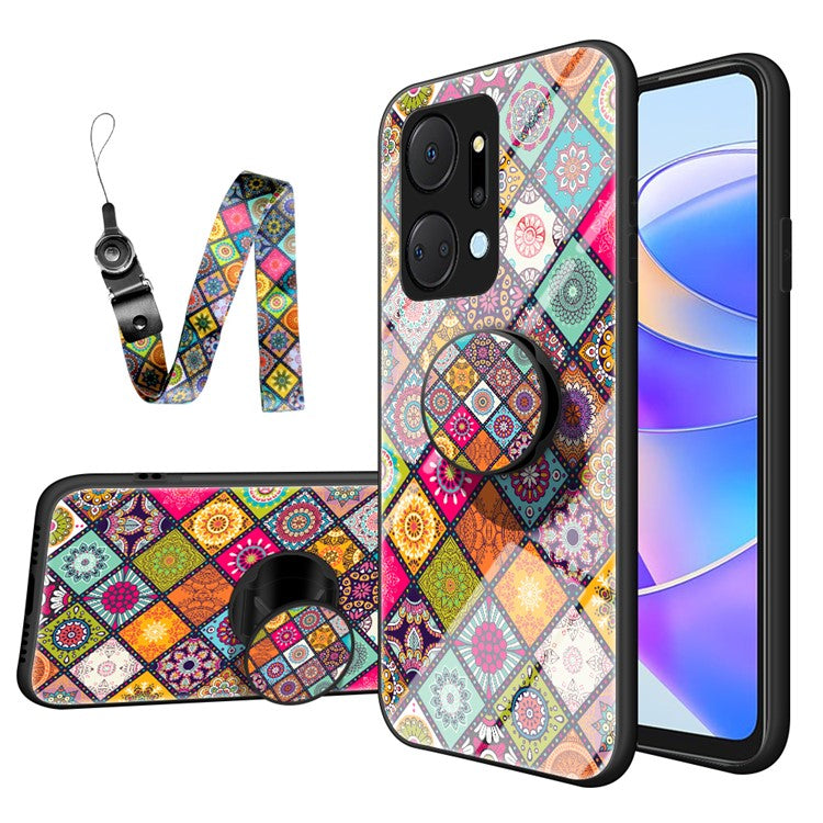 Flower Pattern Phone Case for Honor X7a 5G, Kickstand PC+TPU+Tempered Glass Cell Phone Cover with Lanyard - Color Pattern