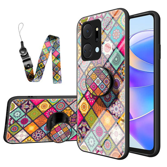 Flower Pattern Phone Case for Honor X7a 5G, Kickstand PC+TPU+Tempered Glass Cell Phone Cover with Lanyard - Color Pattern
