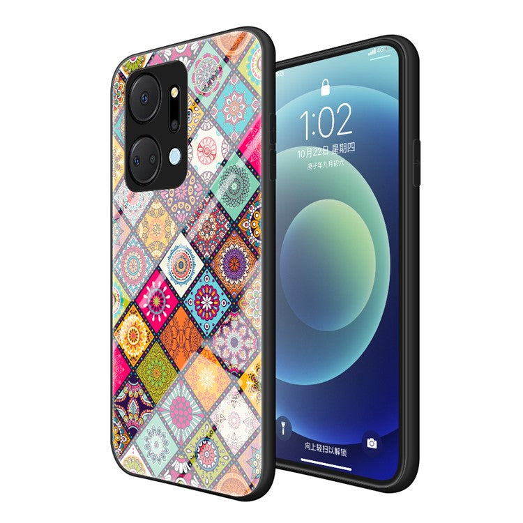 Flower Pattern Phone Case for Honor X7a 5G, Kickstand PC+TPU+Tempered Glass Cell Phone Cover with Lanyard - Color Pattern