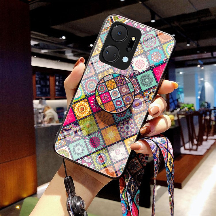 Flower Pattern Phone Case for Honor X7a 5G, Kickstand PC+TPU+Tempered Glass Cell Phone Cover with Lanyard - Color Pattern