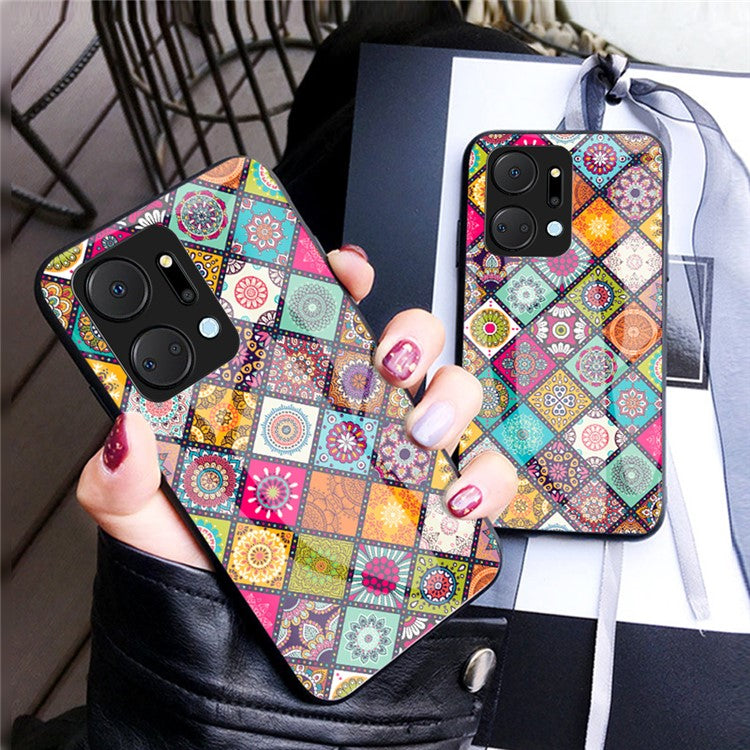 Flower Pattern Phone Case for Honor X7a 5G, Kickstand PC+TPU+Tempered Glass Cell Phone Cover with Lanyard - Color Pattern