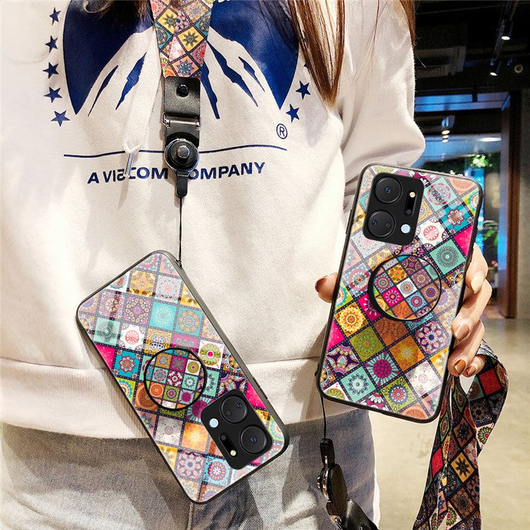 Flower Pattern Phone Case for Honor X7a 5G, Kickstand PC+TPU+Tempered Glass Cell Phone Cover with Lanyard - Color Pattern