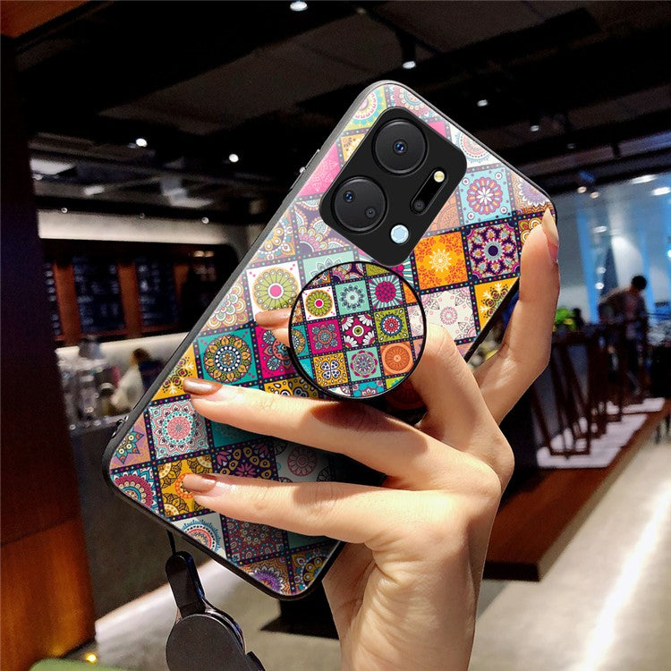 Flower Pattern Phone Case for Honor X7a 5G, Kickstand PC+TPU+Tempered Glass Cell Phone Cover with Lanyard - Color Pattern