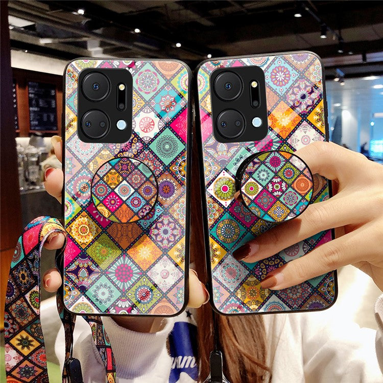 Flower Pattern Phone Case for Honor X7a 5G, Kickstand PC+TPU+Tempered Glass Cell Phone Cover with Lanyard - Color Pattern