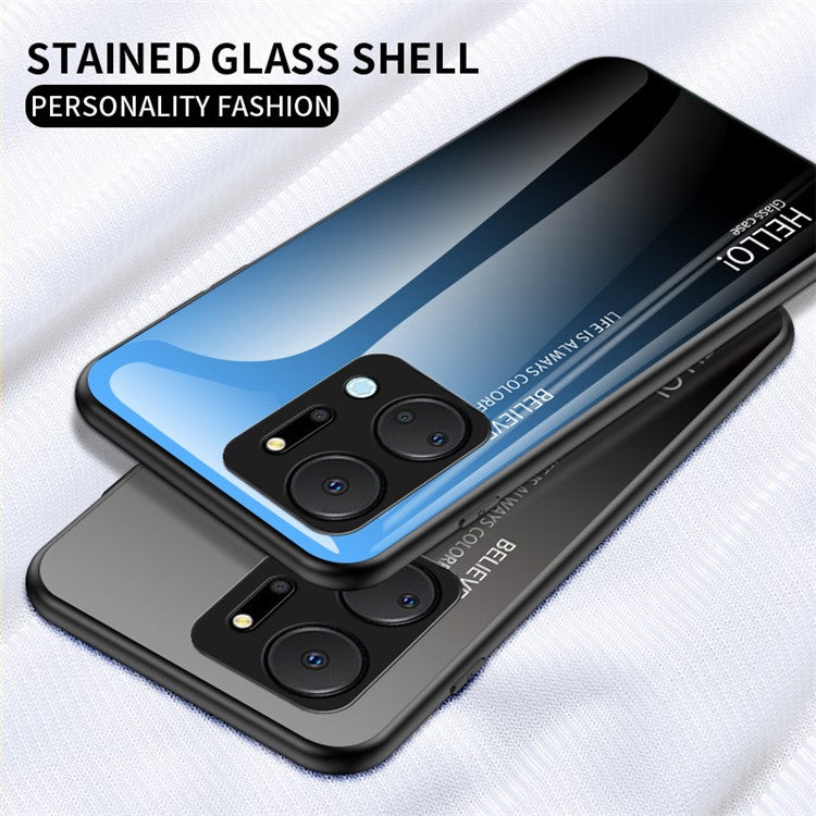 Gradient Color Phone Case for Honor X7a 5G, Tempered Glass +PC+TPU Phone Cover - Gradient Black Grey